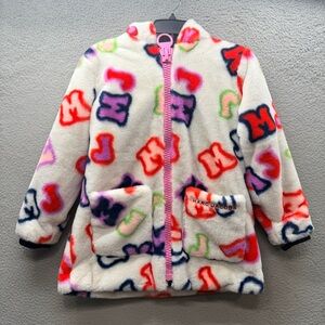 Marc Jacobs Girls Kids Fleece Zip Up Hooded Jacket Winter Coat White Multicolor